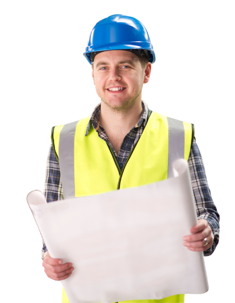 Concrete contractor wearing a high-visibility vest and hard hat smiling with his arms crossed