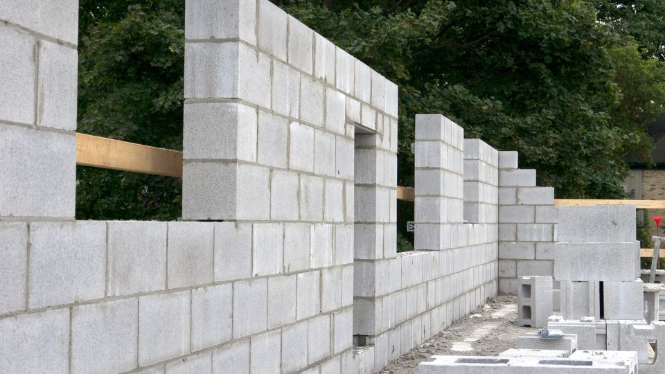 Concrete blocks being used to construct a concrete wall at a new house build in Cary North Carolina