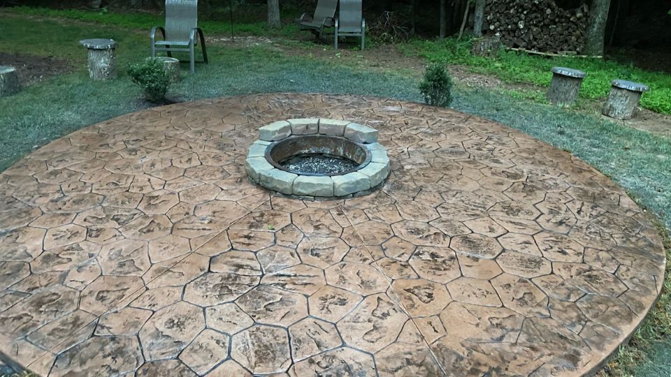 Newly constructed outdoor stamped concrete patio