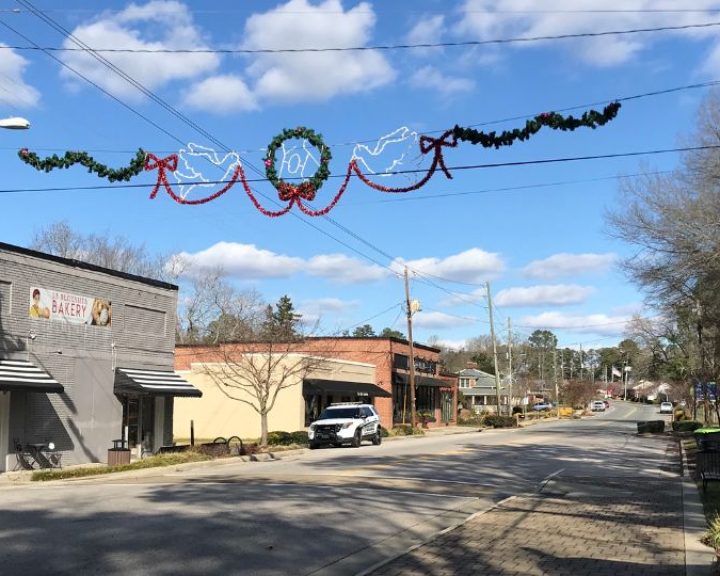 The service areas of a small town street are beautifully decorated with christmas lights.